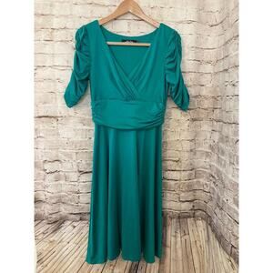 Alisa Pan Dress Womens 10 Midi Teal Green Ruched Draped V Neck Stretch Flowy
